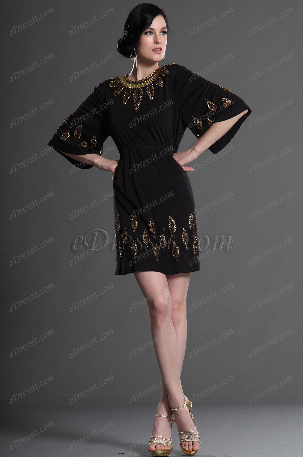 Elegant  Ärmeln Schwarz Party Kleid Arbeitskleid