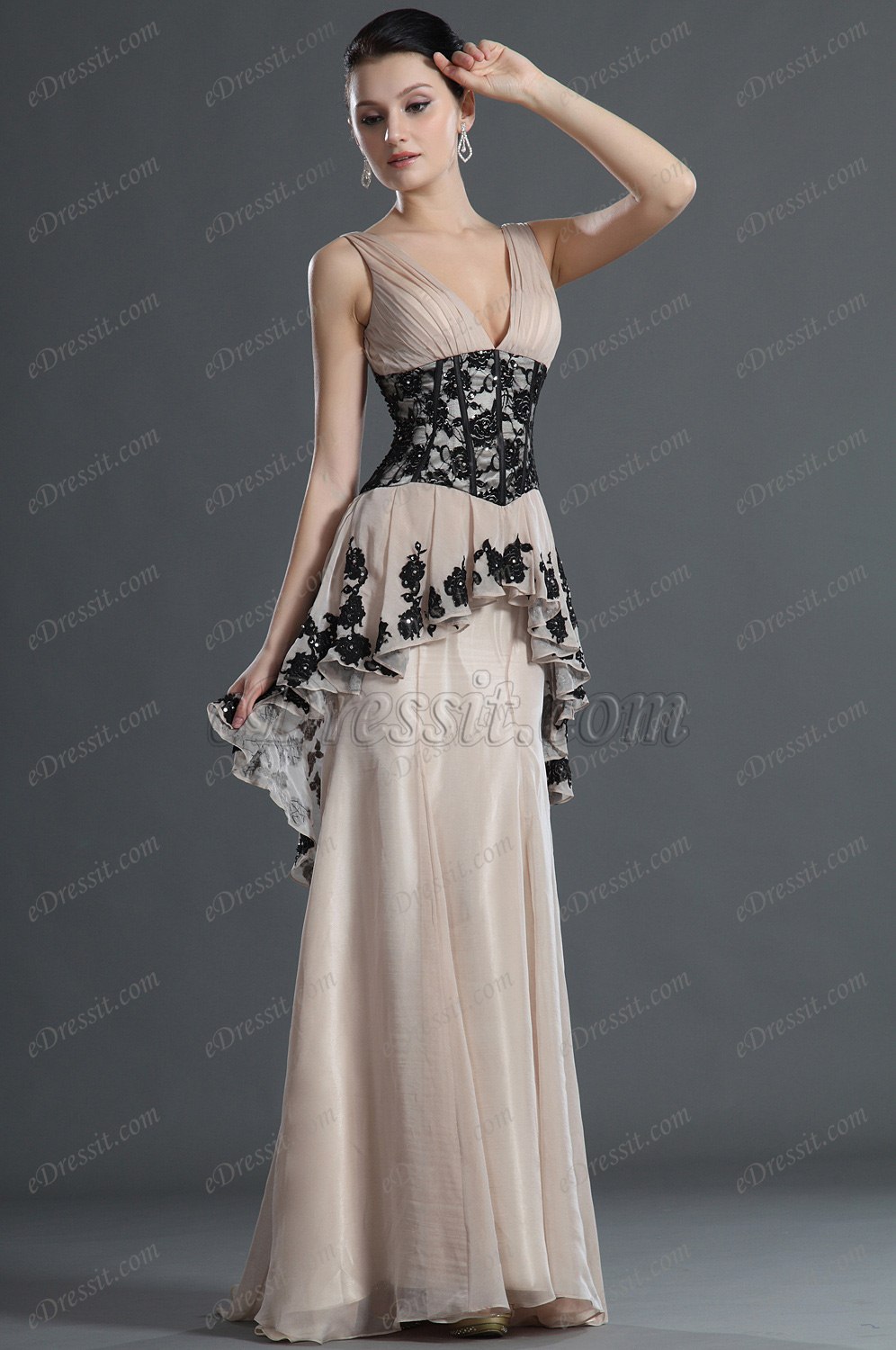 Charming V-Cut Black Lace Evening Dress