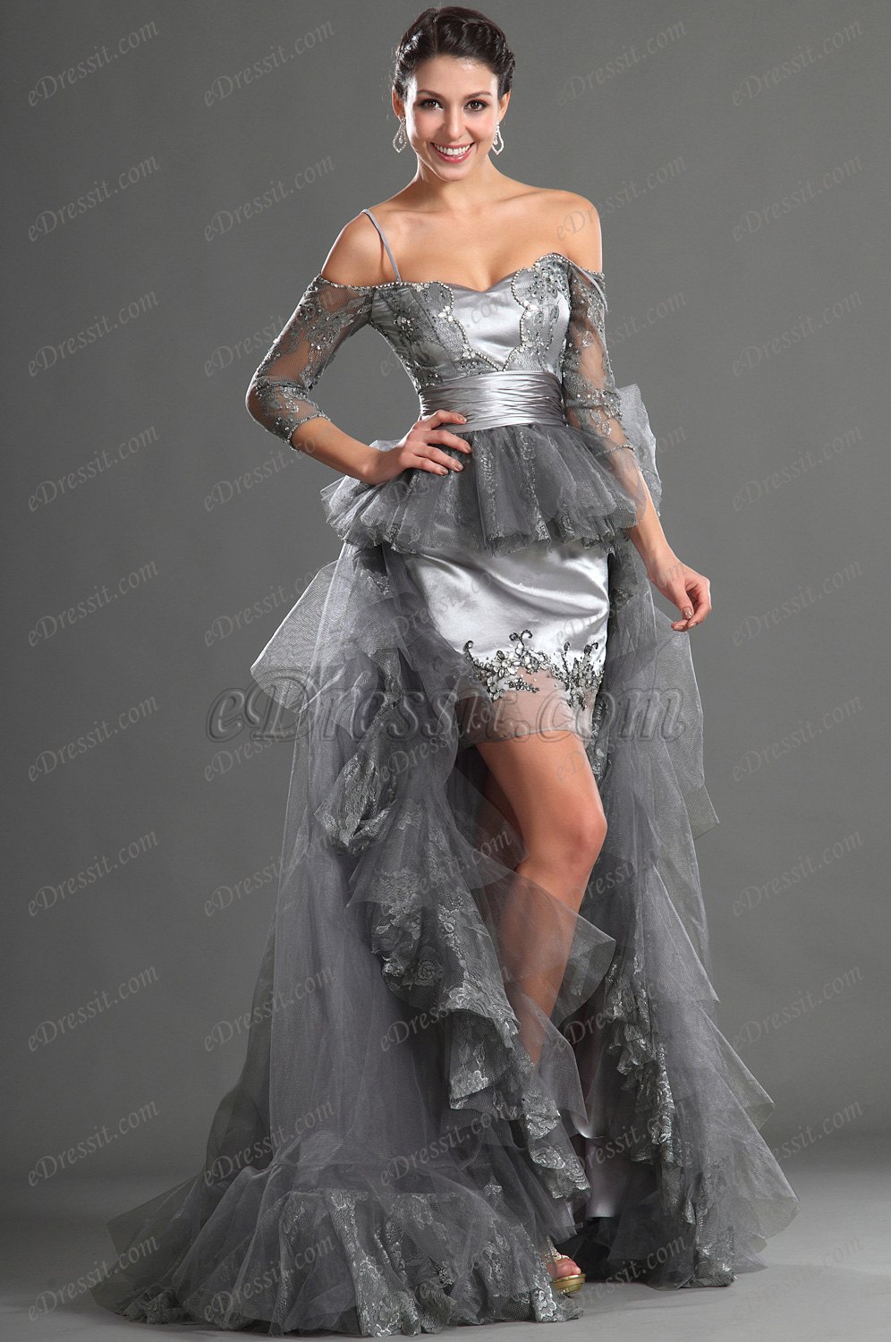 Großartig Grau Spaghetti Träger Abendkleid