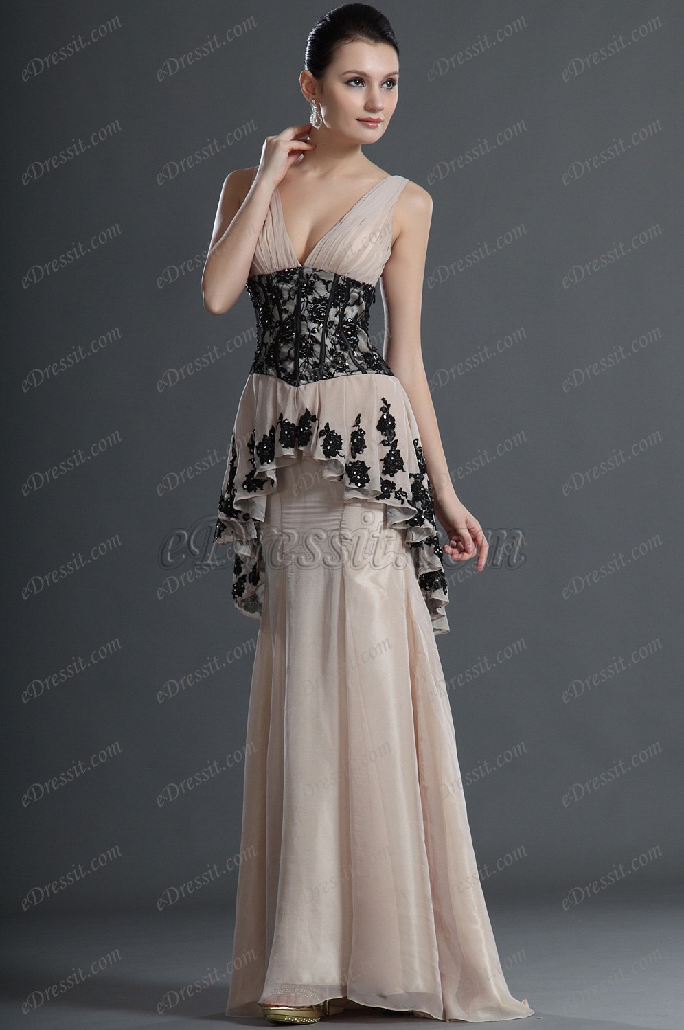 Charming V-Cut Black Lace Evening Dress