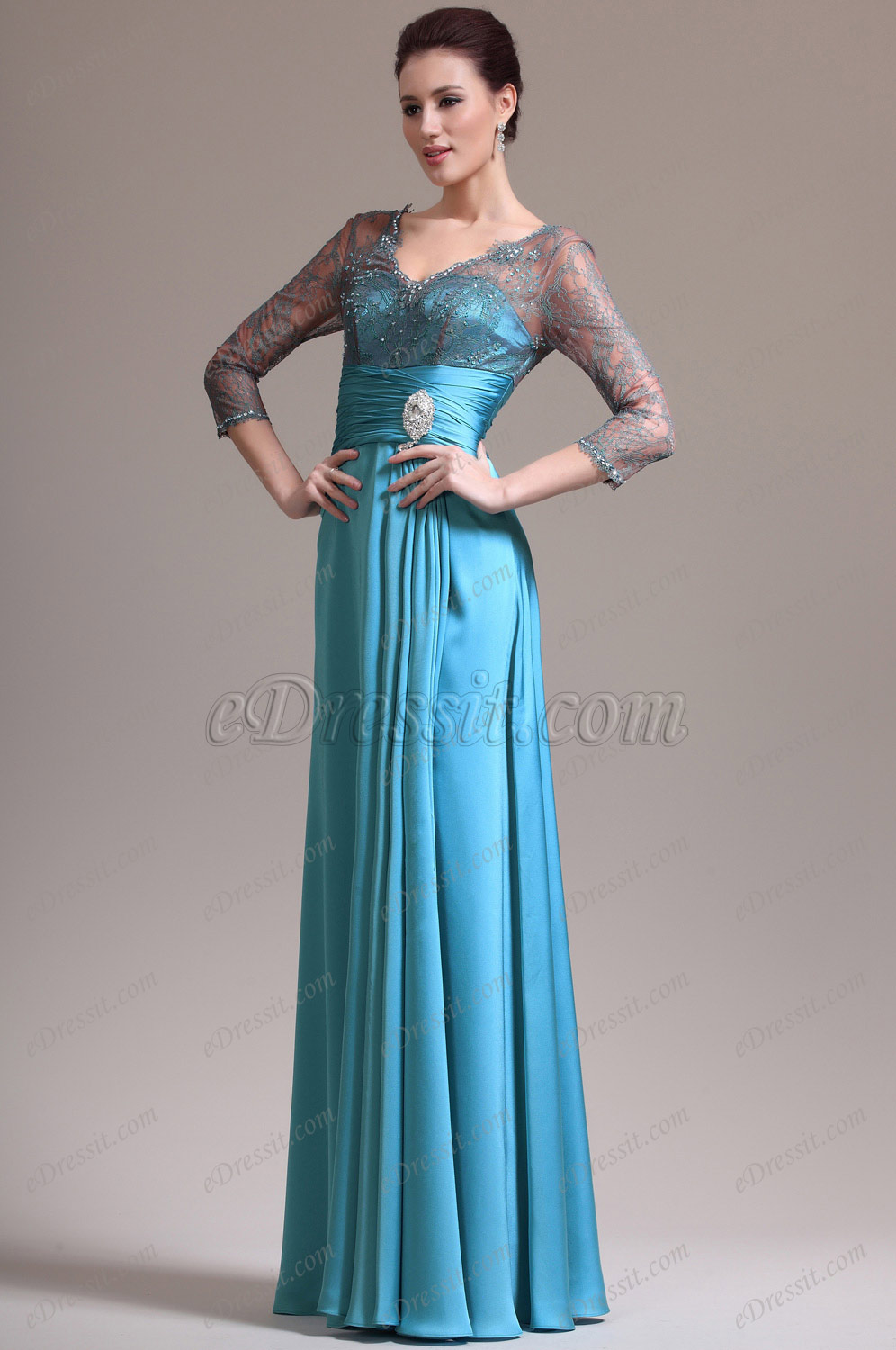 2013 Nouveautés Col en V Dentelle Bleu Robe Mère de Mariée