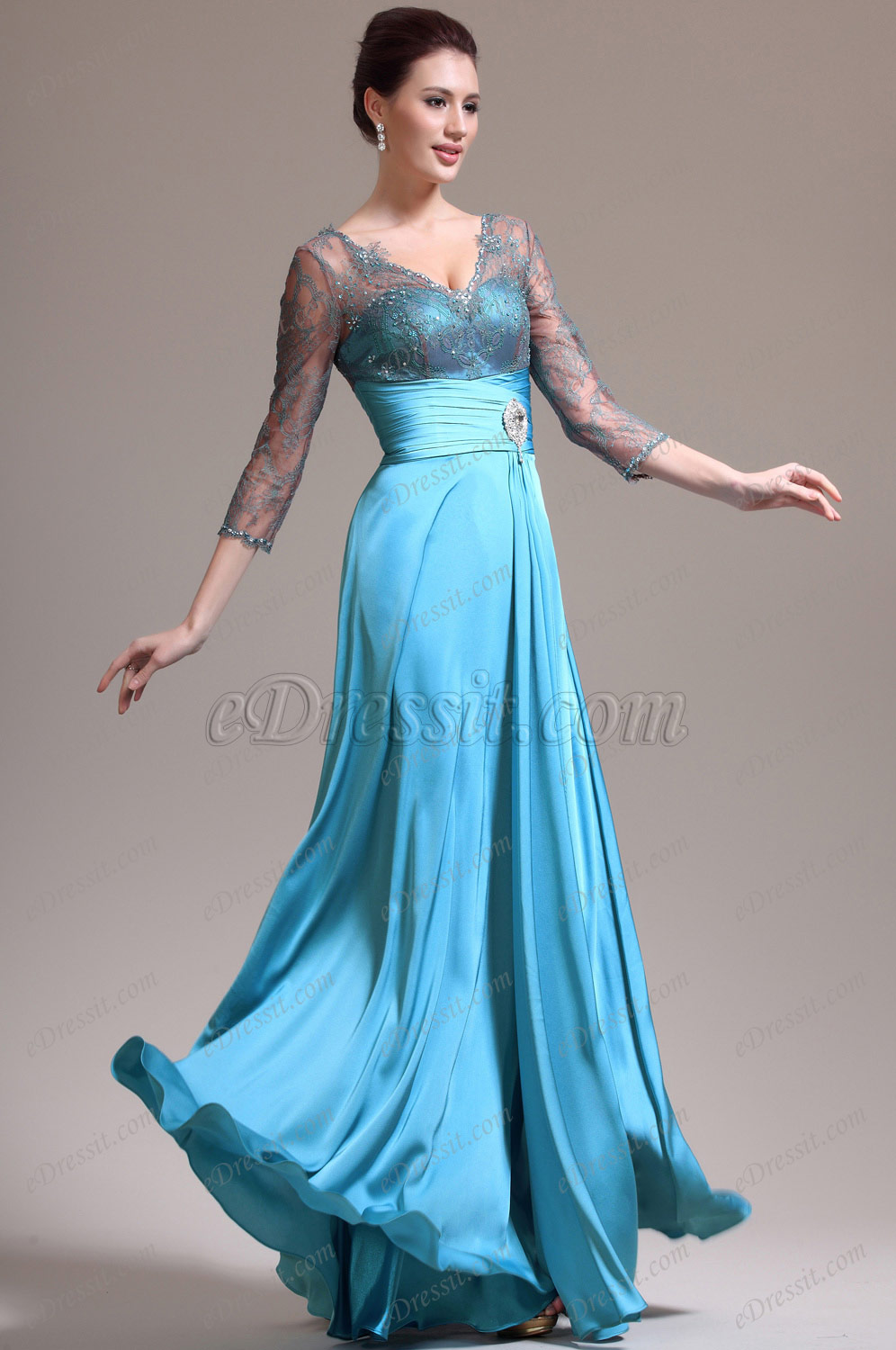 2013 Nouveautés Col en V Dentelle Bleu Robe Mère de Mariée