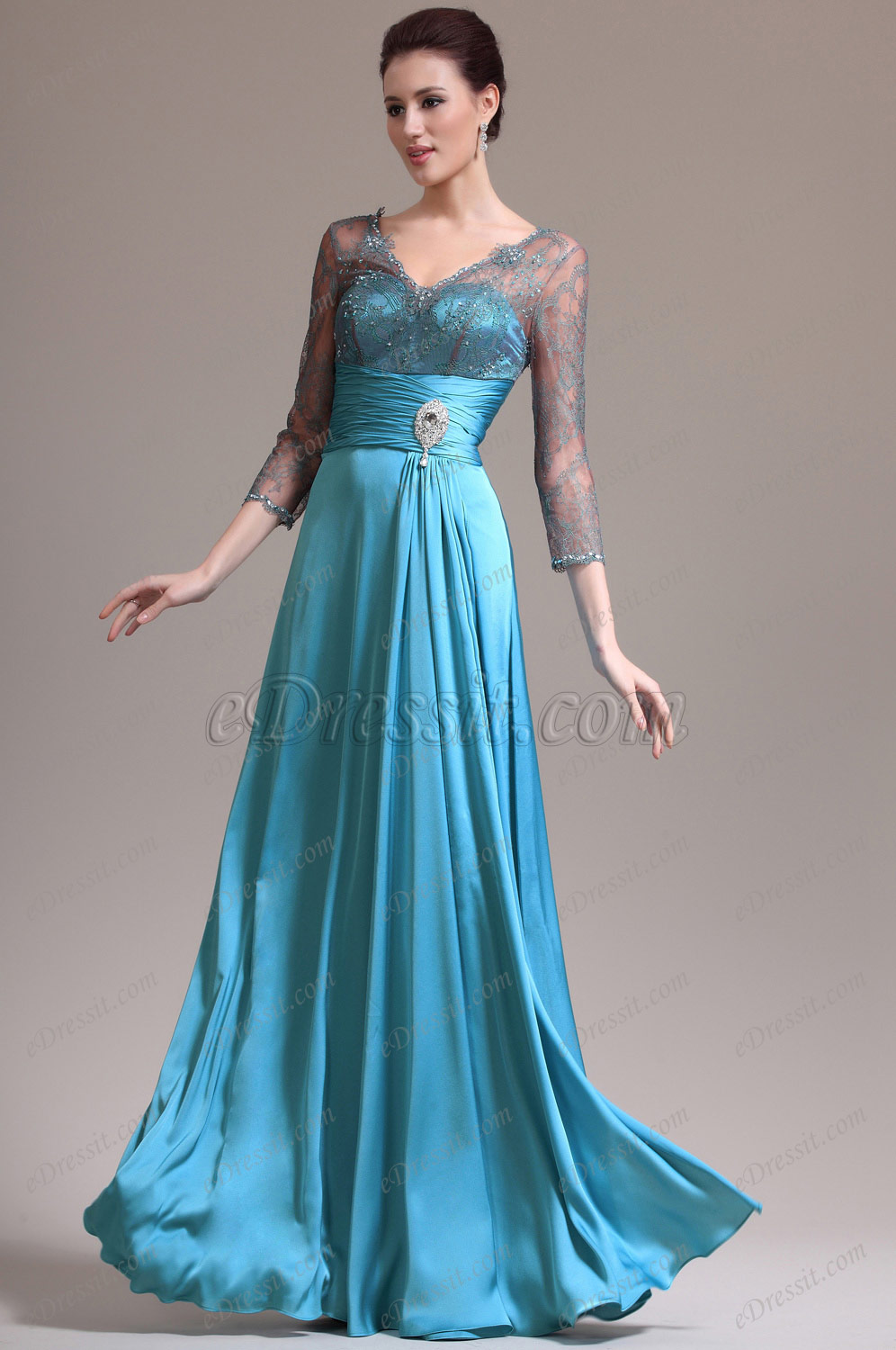 2013 Nouveautés Col en V Dentelle Bleu Robe Mère de Mariée