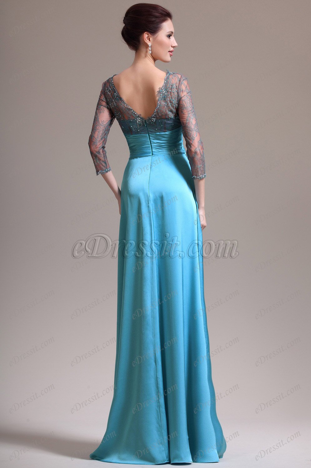 2013 Nouveautés Col en V Dentelle Bleu Robe Mère de Mariée