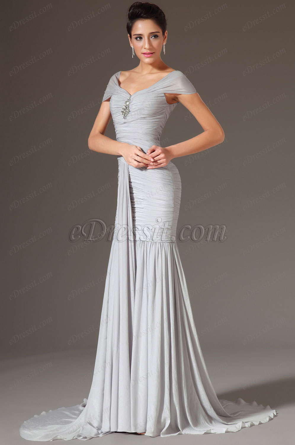 Grey Cap Sleeves Sheath Evening Gown