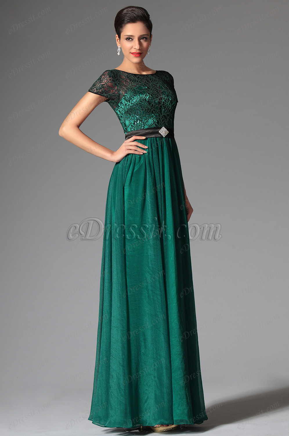 2014 Neu Schwarz Grün Kurz Ärmel Abendkleid Ballkleid