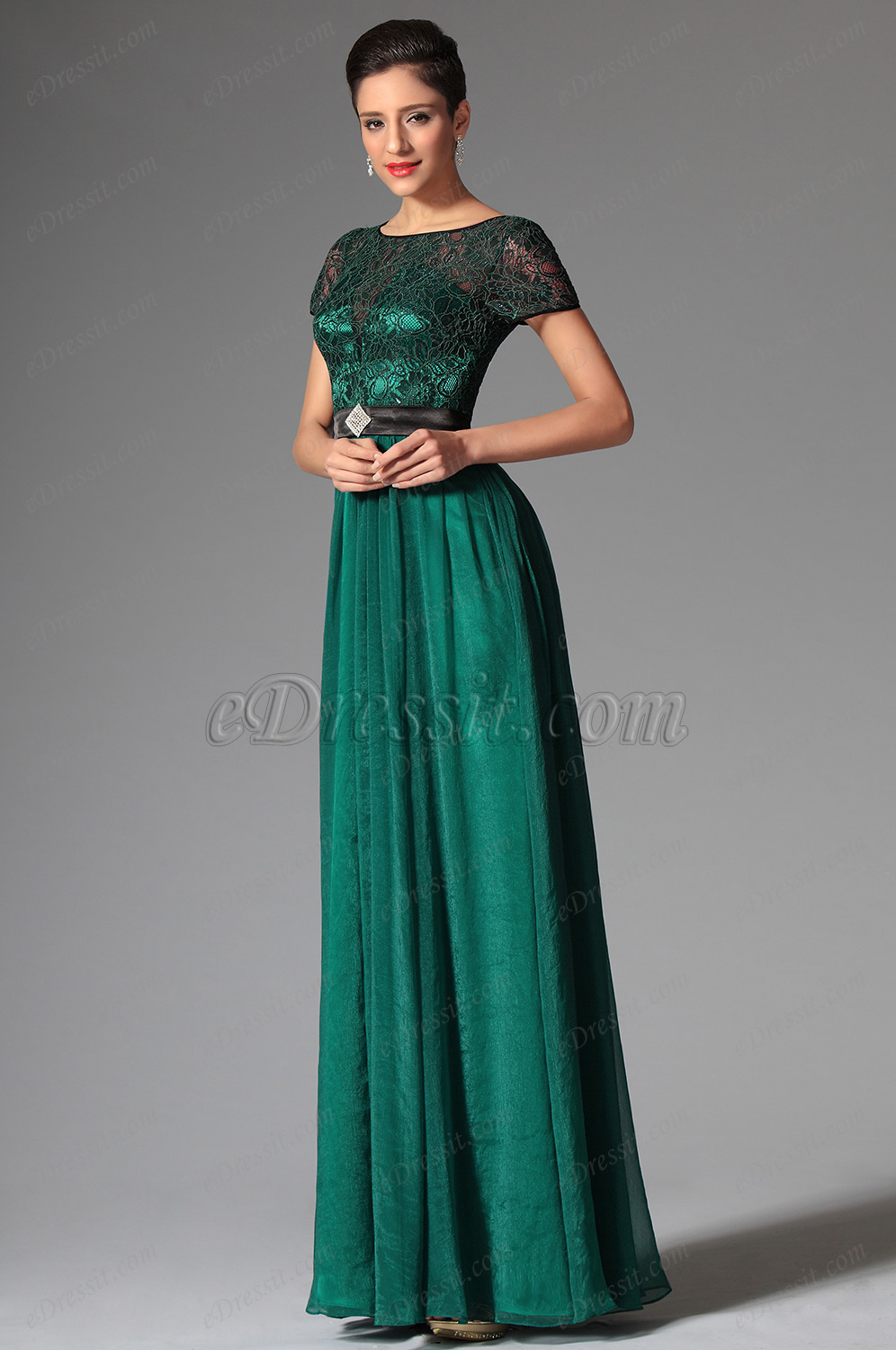 2014 Neu Schwarz Grün Kurz Ärmel Abendkleid Ballkleid