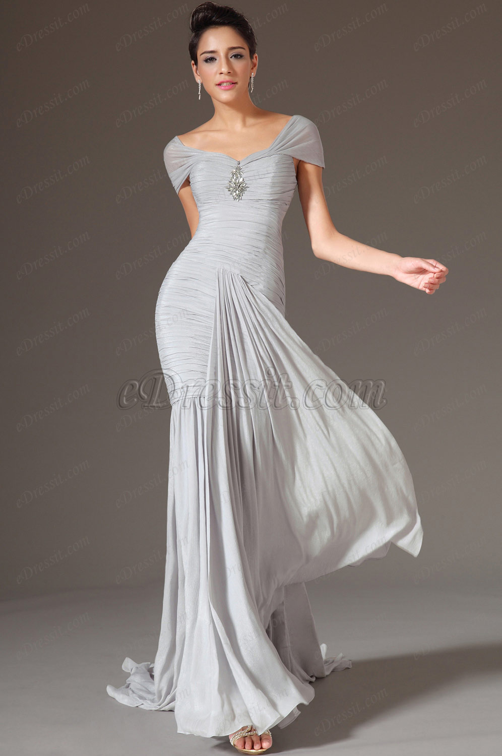 Grey Cap Sleeves Sheath Evening Gown