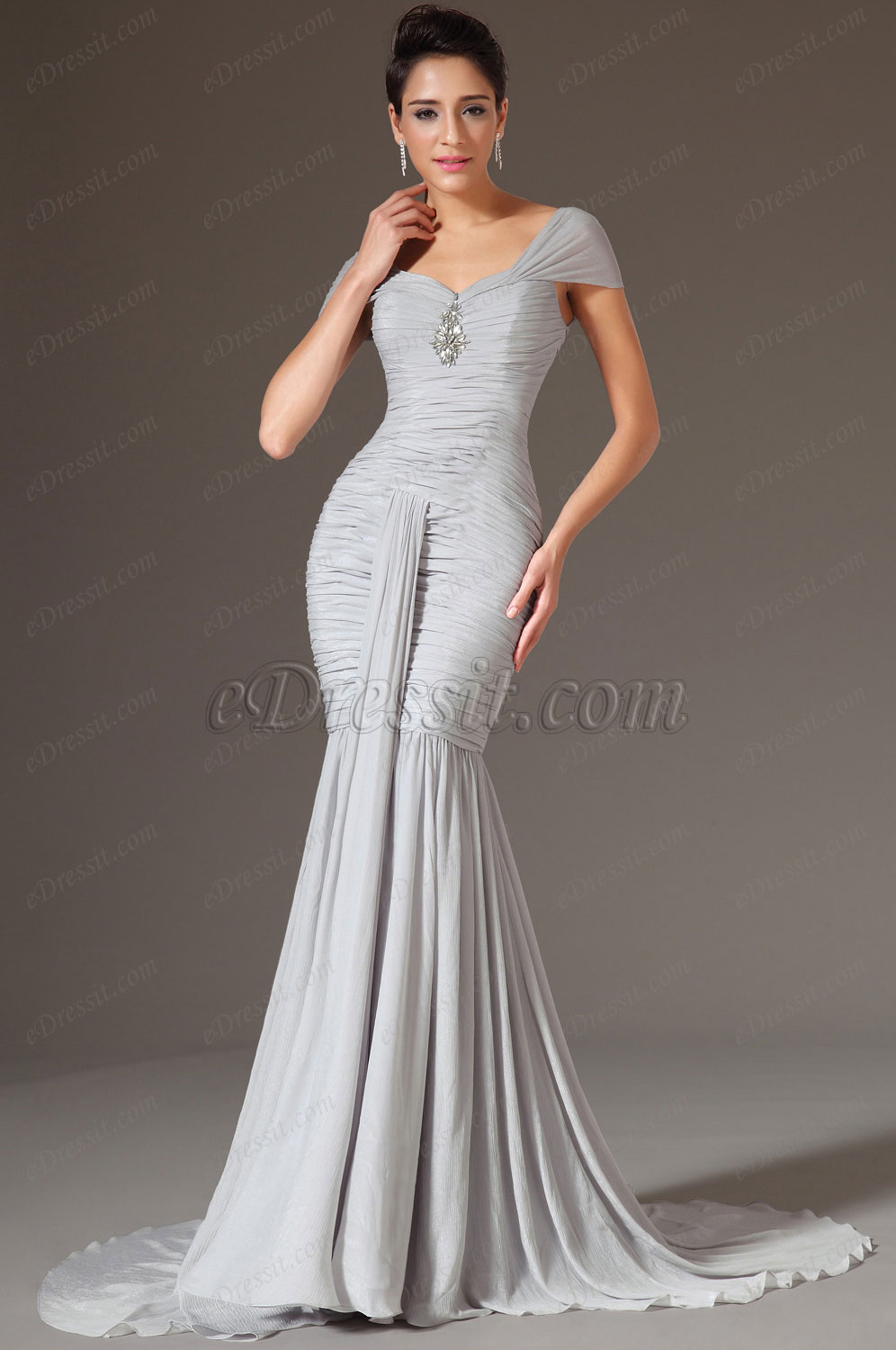 Grey Cap Sleeves Sheath Evening Gown