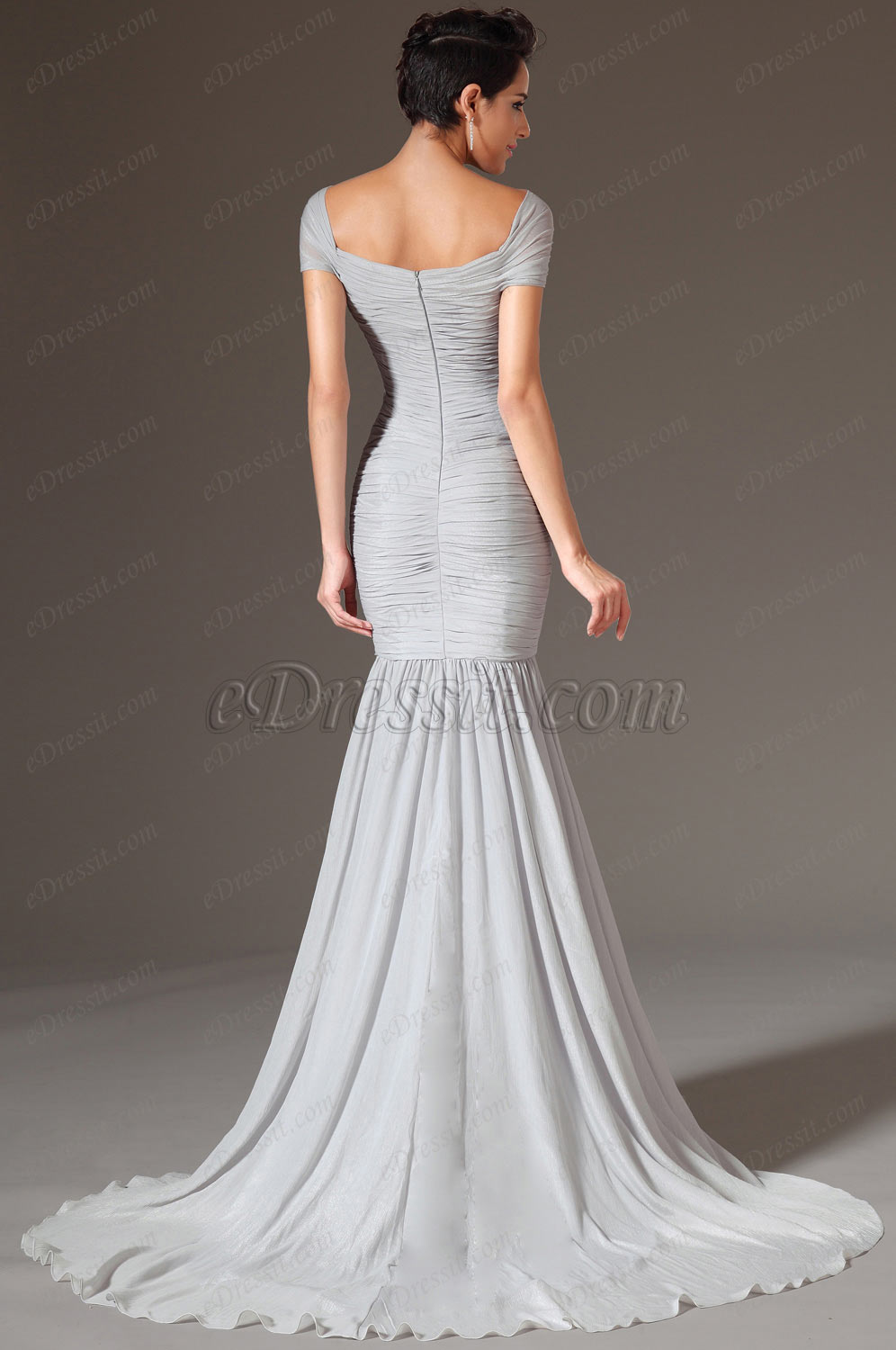 Grey Cap Sleeves Sheath Evening Gown
