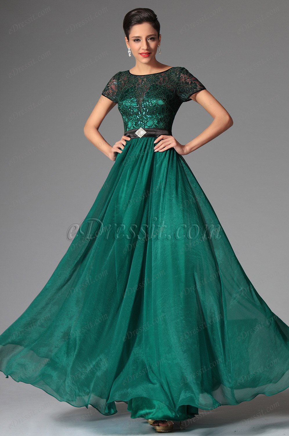 2014 Neu Schwarz Grün Kurz Ärmel Abendkleid Ballkleid