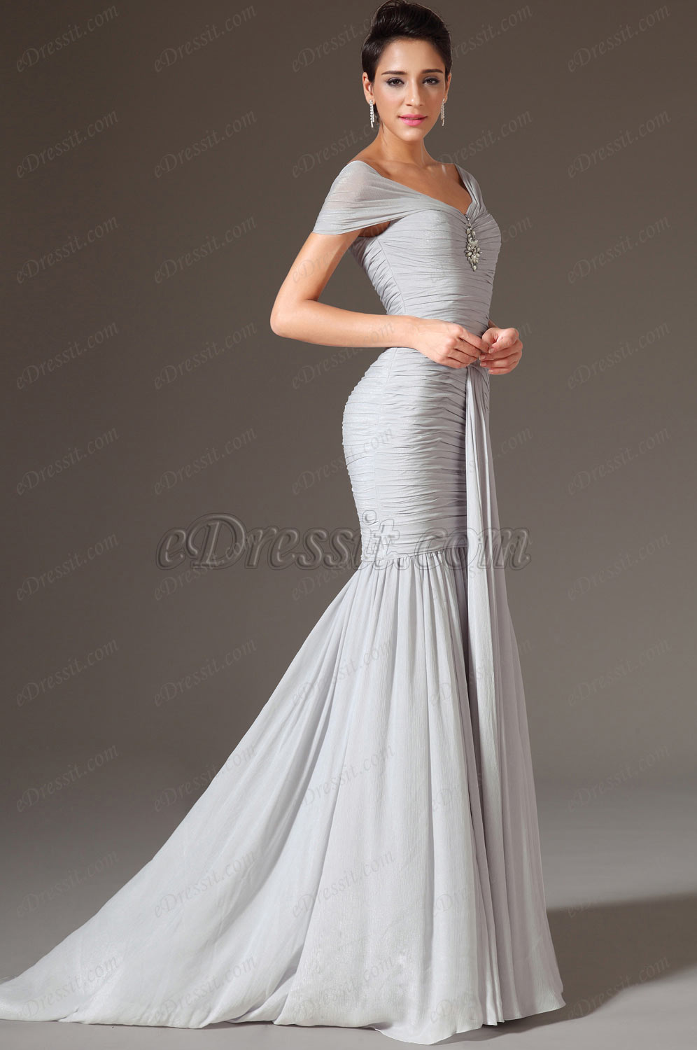Grey Cap Sleeves Sheath Evening Gown