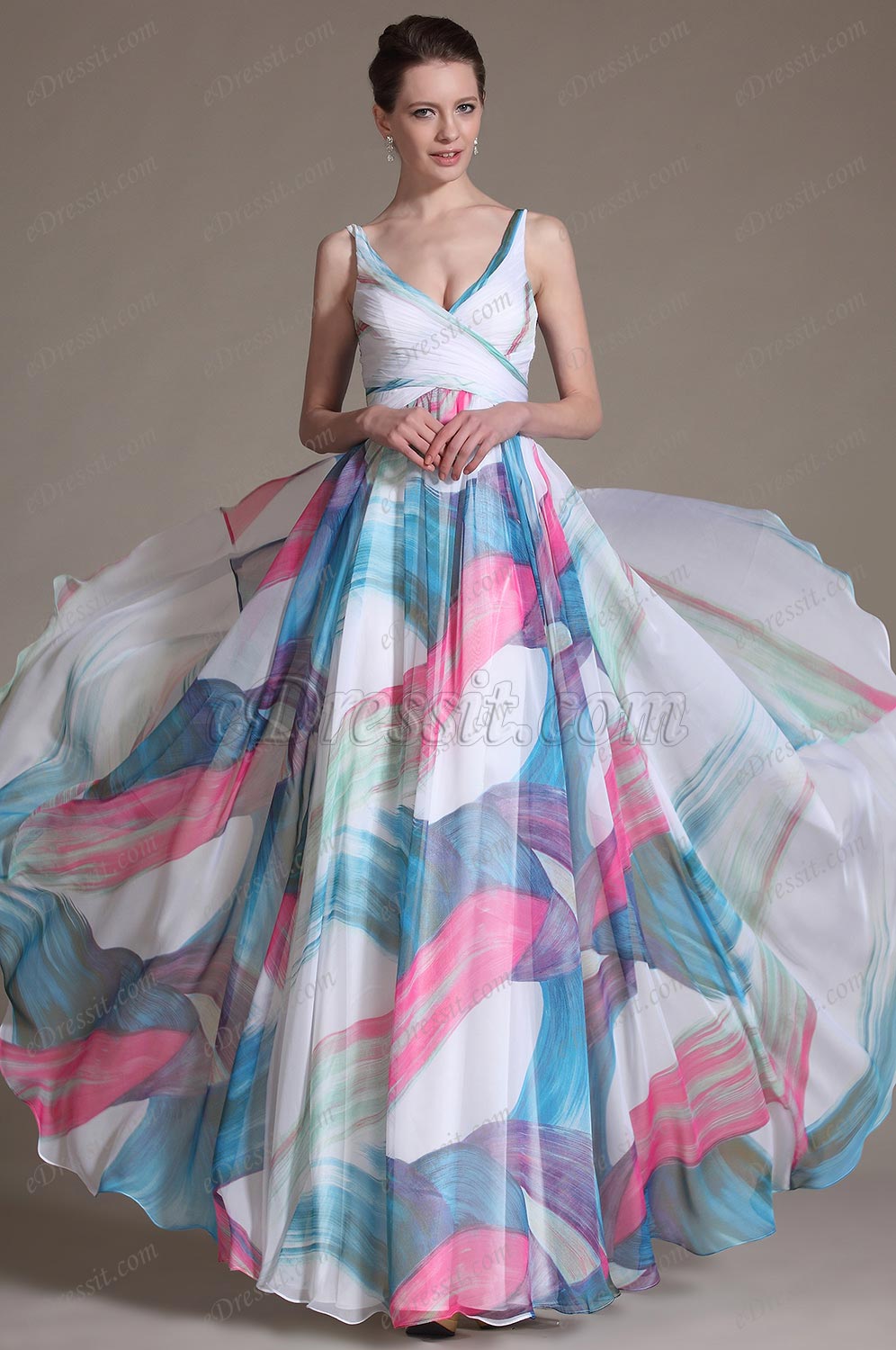 2014 Новое Очаровательное V-образ Декольте Вечернее Платье с Принтом