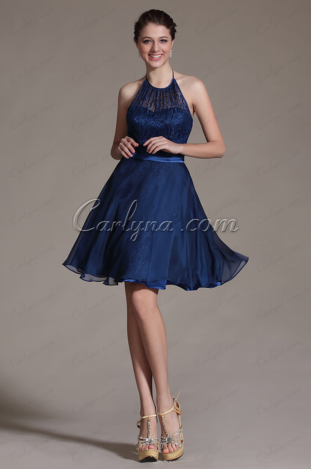 2014 Темно-синее Воротник Через Шею Вечернее Платье для Подружек Невесты