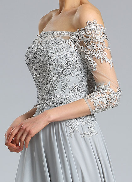 grey long sleeve dress formal Classic Mother Of The Groom Dresses Grey Long Sleeve Luxury Beading V Neck Sash Formal Gowns With Train main image 0
