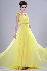 leuchtend einladend  gelb Abendkleid mit Blumen Traeger