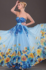 Trägerlos floral Seide Chiffon Abendkleid lang
