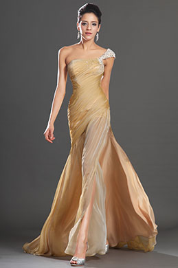 New High Slit One Shoulder Gold Evening Dress