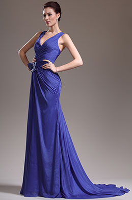 New Adorable Sexy V Cut Blue Evening Dress