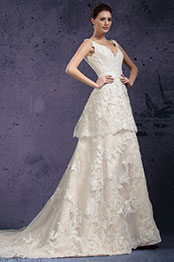 New V-cut Lace Appliques Evening Dress Wedding Gown