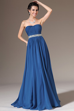 2014 Nouveauté Bleu Bustier Cœur Perles A-Ligne Robe de Soirée Longue