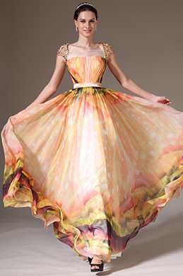 Cap-Sleeves A-Line Printed Dress