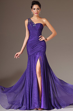 2014 Neu Lila Perlen Ein Schulter Hoch Spalt Abendkleid