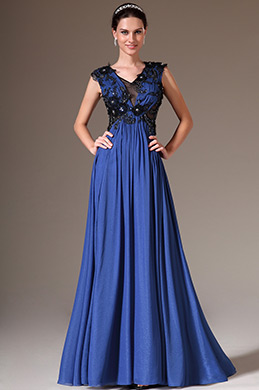 Blue V-Neck Sleeveless Applique Evening Dress