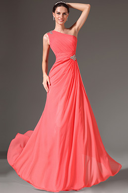 Coral Beaded One-Shoulder A-Line Evening Gown