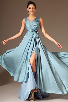 V-Neck High-Slit A-Line Evening Gown