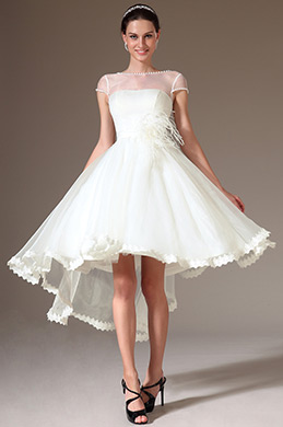 Sheer Top Cap-Sleeves High Low Wedding Dress