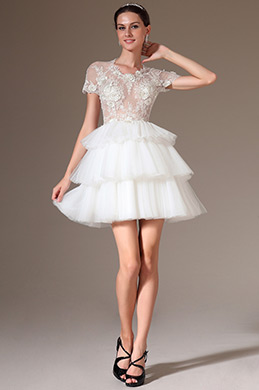 Sheer Lace Top Layered Short Wedding Dress