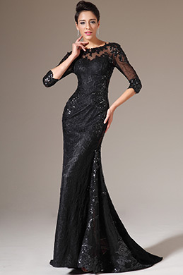 2014 Neu Schwarz Halb Ärmel Spitze Abend Ball Kleid