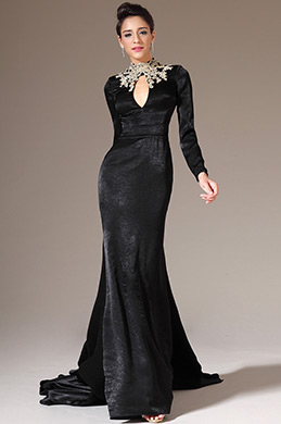 Black Embroidered High Neck Long Sleeves Evening Gown Black Embroidered High Neck Long Sleeves Evening Gown