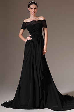 Black Off-Shoulder Lace Sleeves A-Line Evening Gown Black Off-Shoulder Lace Sleeves A-Line Evening Gown