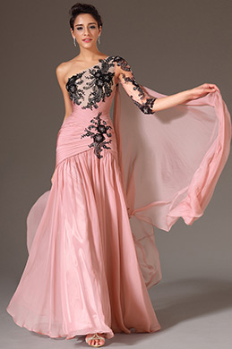 Pink One Shoulder Single Sleeve Evening Dress