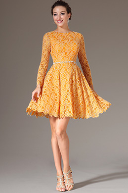 2014 Nouveauté Jaune Manches Longues Dos Nu Dentelle Robe de Cocktail