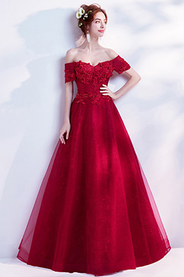 Rot aus Schulter Spitze Applique Party Ballkleid
