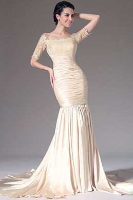 Champagne Lace Top Short Sleeves Mermaid Evening Gown Champagne Lace Top Short Sleeves Mermaid Evening Gown