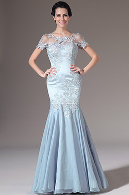 Blue Short Sleeves Embroidered Lace Mermaid Evening Dress Blue Short Sleeves Embroidered Lace Mermaid Evening Dress