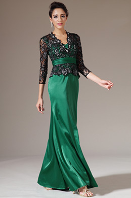 2014 Nuevo Negro Encaje Largas Mangas Verde Vestido para Madre de la Novia