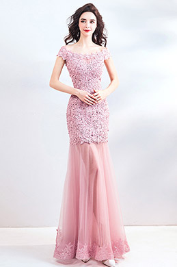 Robe de Soirée Rose En Dentelles et Tulle
