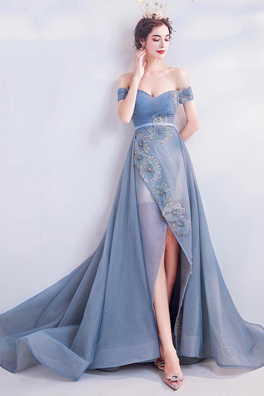 New OFF Shoulder Fog Blue Tulle Party Evening Dress
