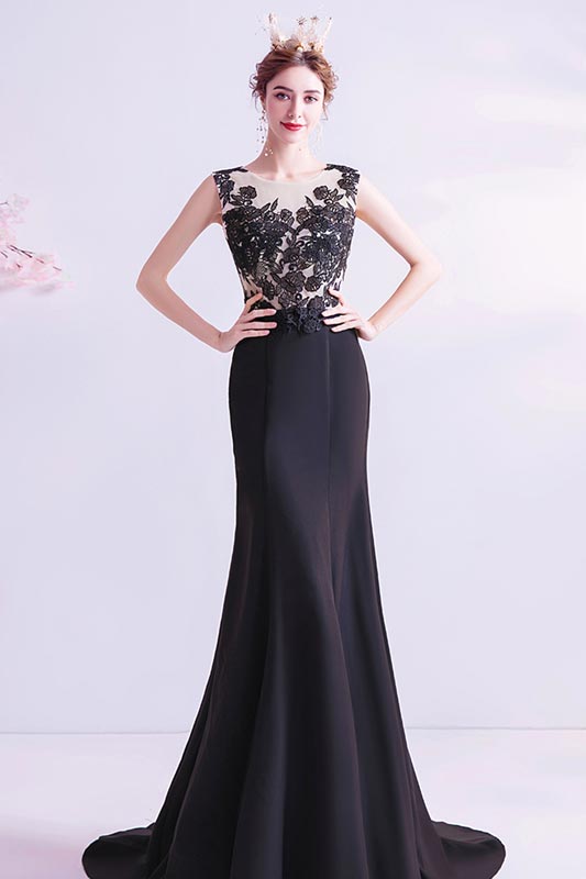 Black Lace Appliques Mermaid Party Prom Dress