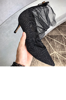 Women's Black Sequins Tulle Closed Toe High Heels Shoes