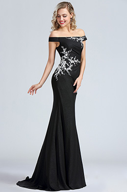 Black Off Shoulder Lace Applique Evening Dress