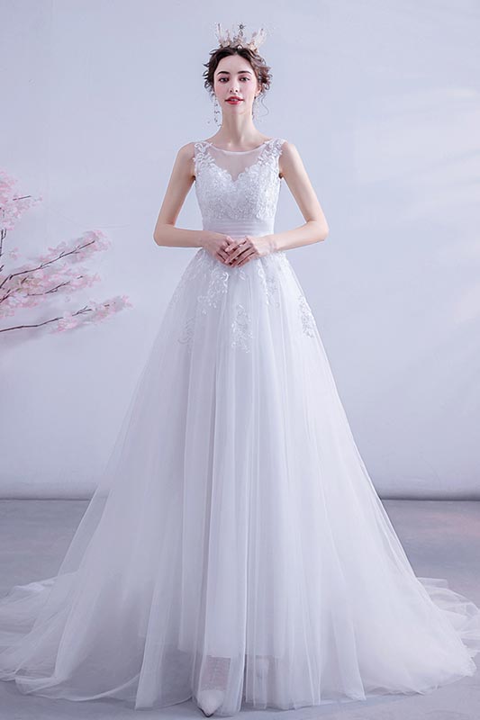 White A Line Embroidered Wedding Bridal Dress