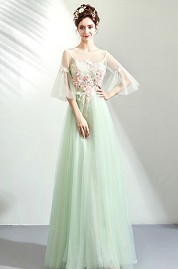 NEW Green Sleeves EmbroideryTulle Party Prom Dress