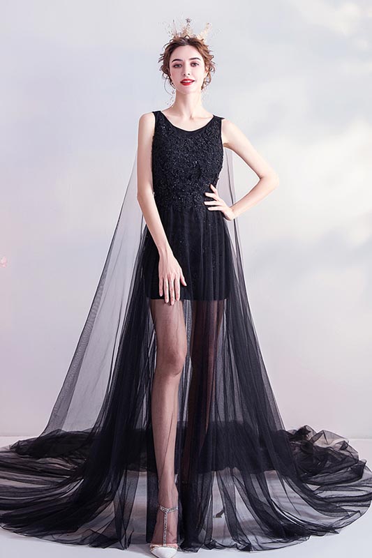 Black Lace Bodice Long Tulle Elegant Party Ball Dress