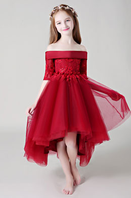 Rot schulterfrei Spitze Blumenmädchen Kleid